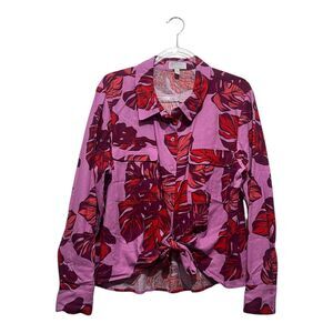 Sofia Vergara Linen Blend Monstera Leaf Button‎ Front Top XL Pink Red